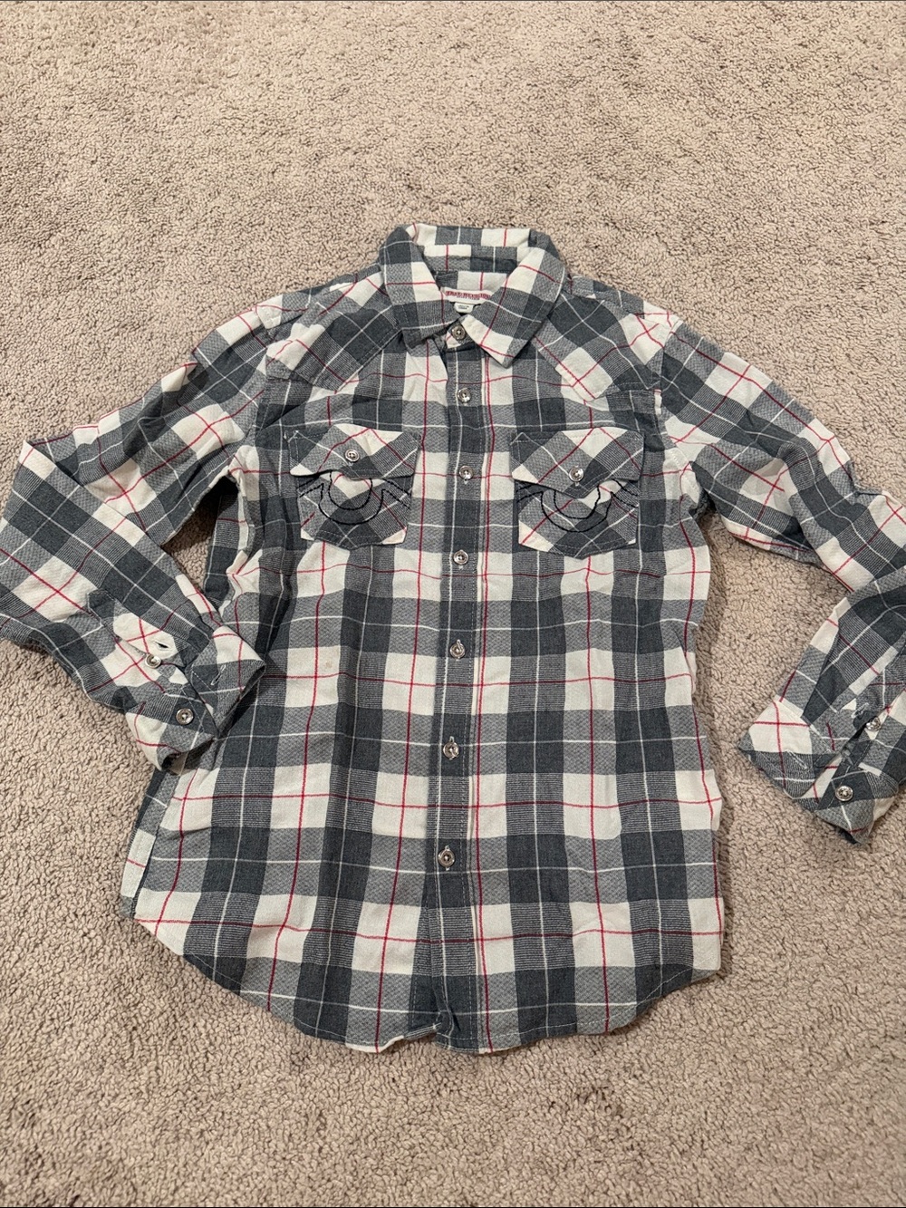 True Religion Gray & White Plaid Button-Down Shirt with Red Accents